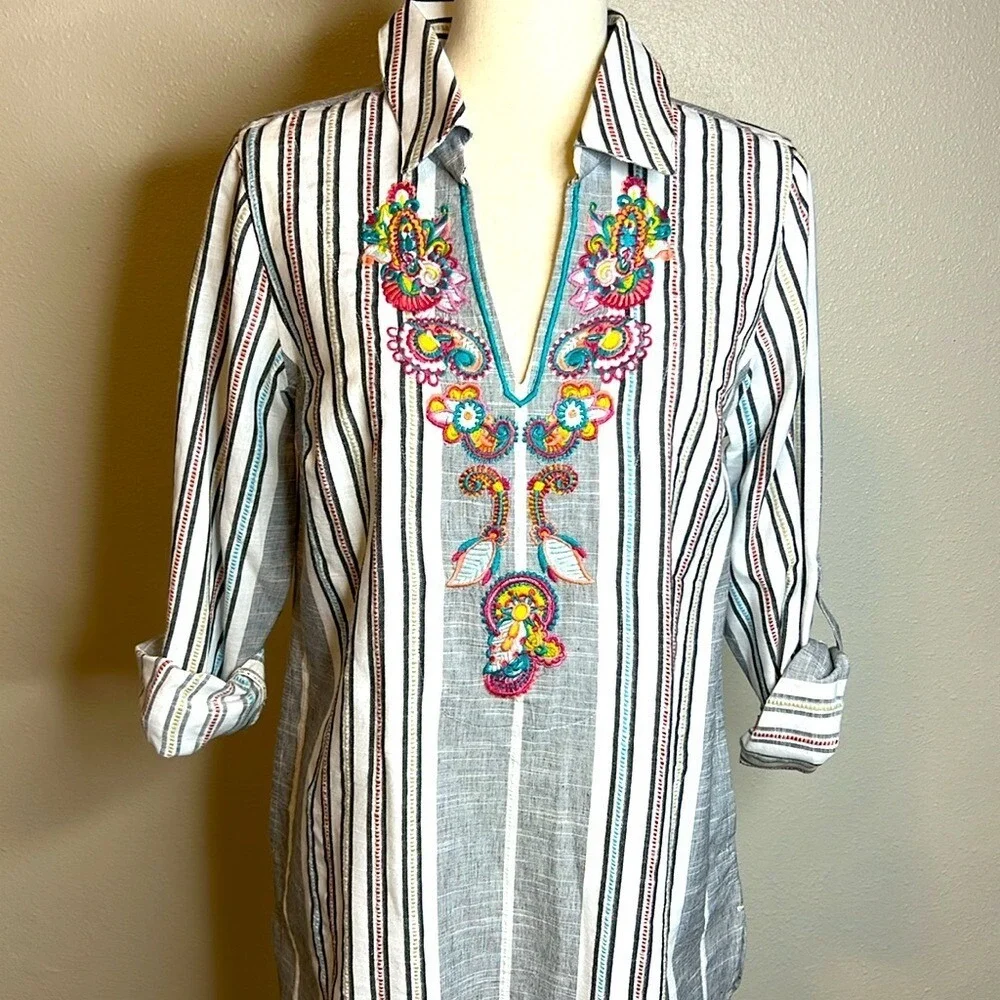 SOFT SURROUNDINGS Brookhaven Tunic Top Women‎ SM NEW Embroidery Pockets